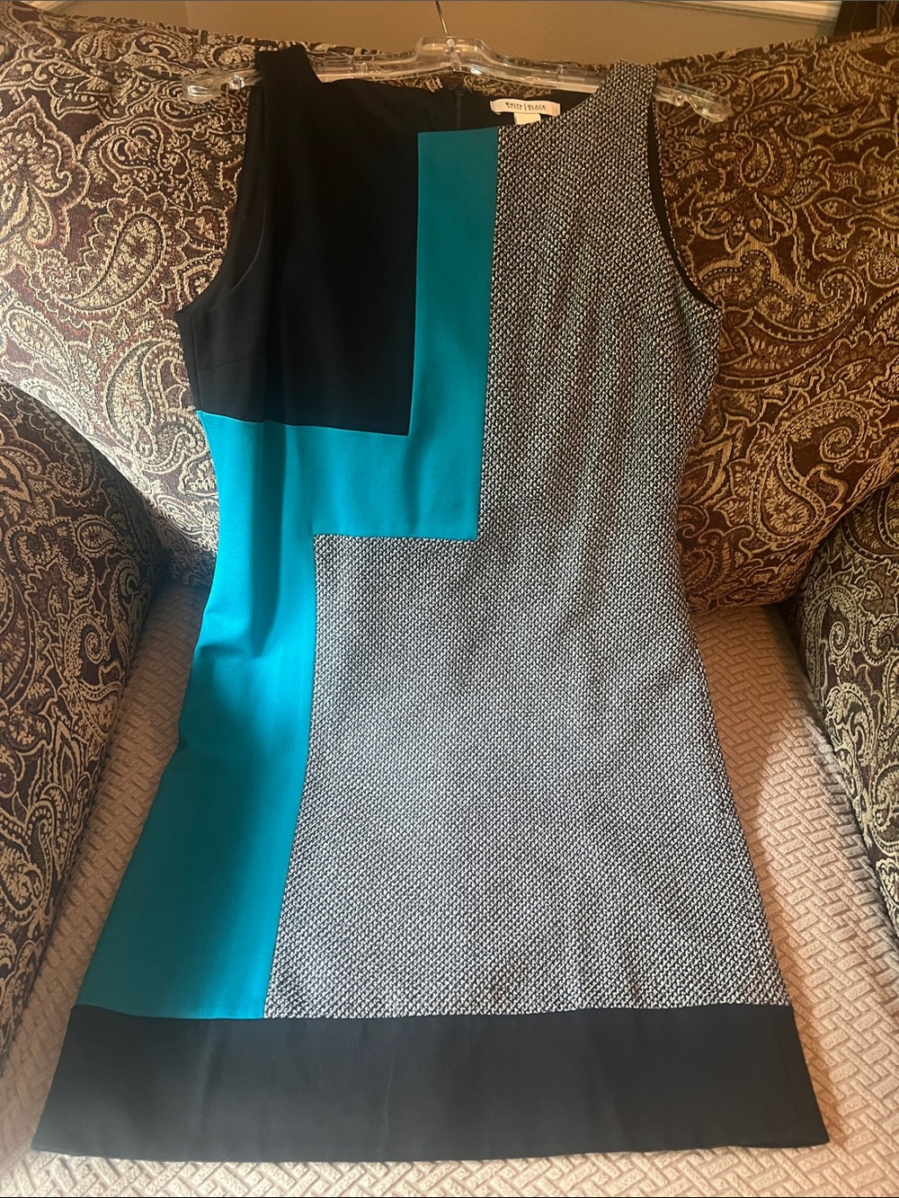 White House Black Market Teal, Black and Gray Colorblock Midi Sheath Dress.